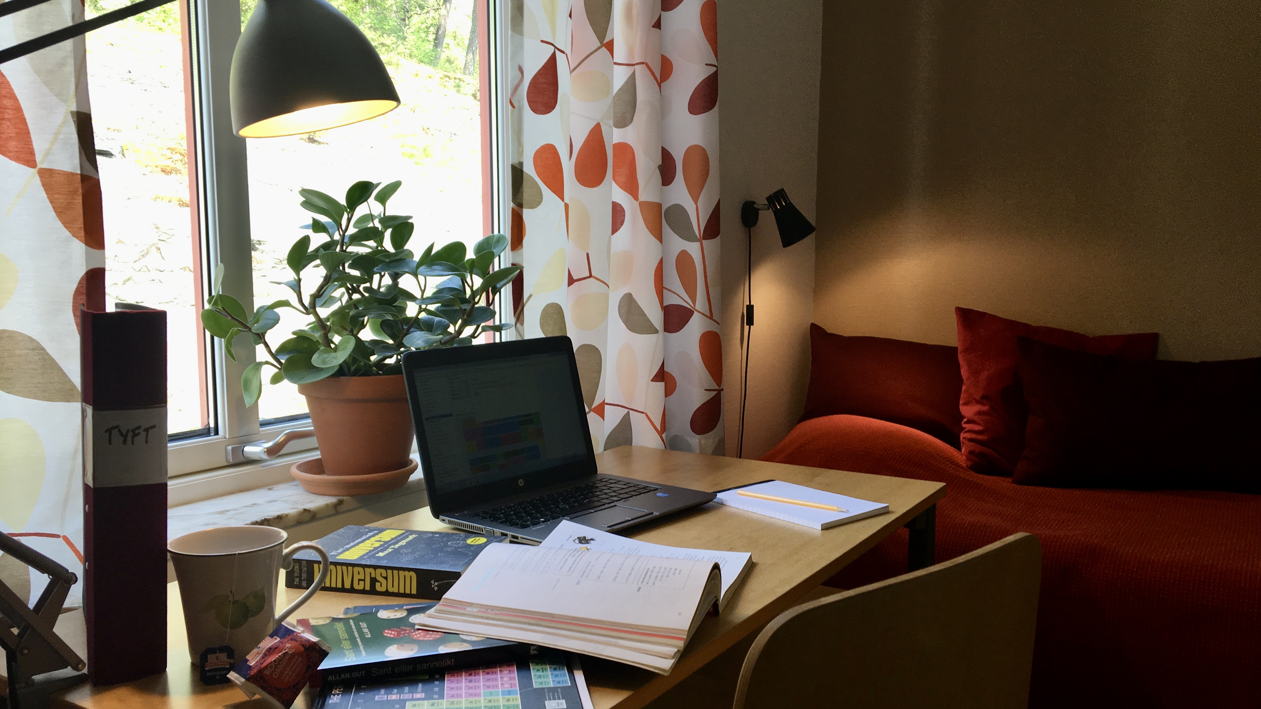 Skrivbord framför fönster, säng i bakgrunden